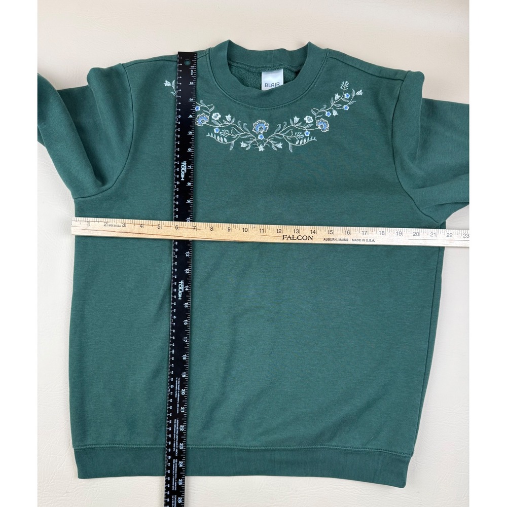 Cottagecore Floral Embroidered Sweatshirt Cotton Blend Green Medium Blair - Picture 3 of 5